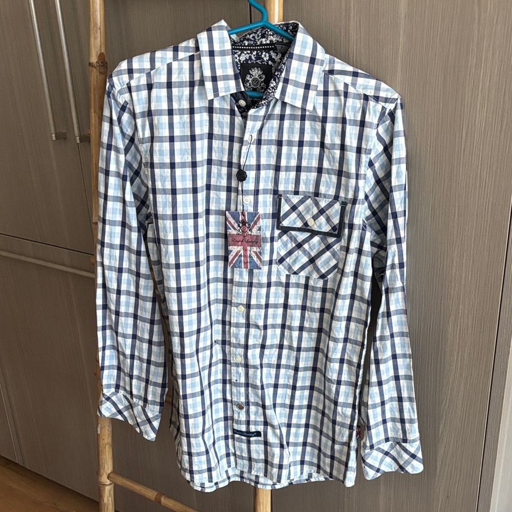 English Laundry White and Blue Plaid Shirt